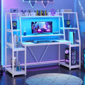 SEDETA White Gaming Desk 65.7'' with LED Lights Hutch and Storage Shelves Computer Desk with Monitor Stand Large PC Gamer Desk Workstation Ergonomic Gaming Table for Bedroom Living Room