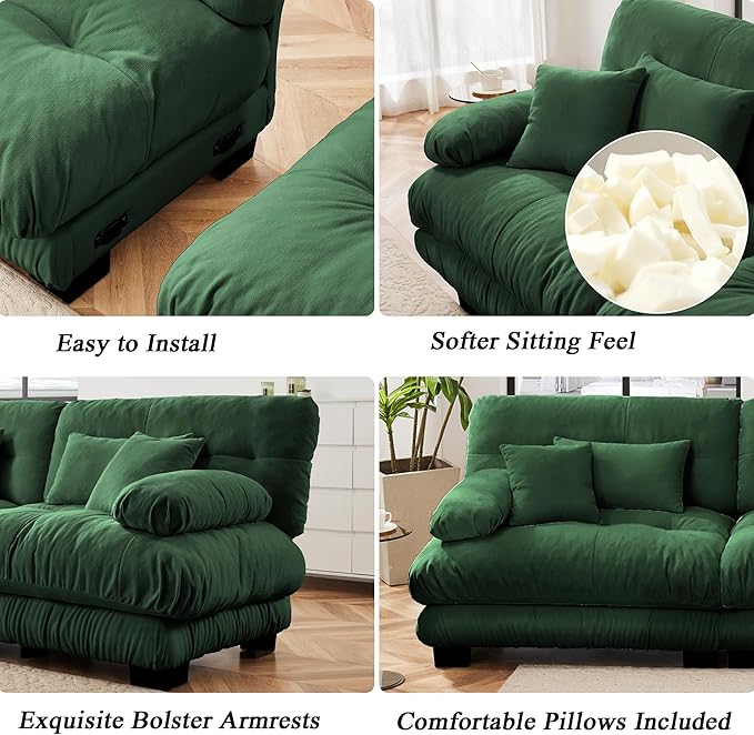 Cloud Sectional Couches for Living Room Modular Sectional Sofa 2 Seater Modern Deep Seat Loveseat Oversized Green Couch with Movable Ottoman Comfy Chenille Loveseat with Pillows