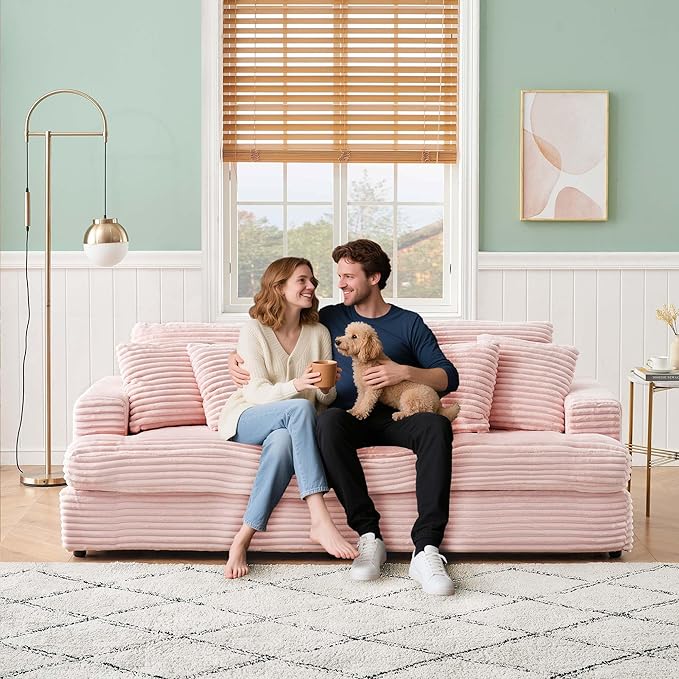 Modern Cloud Couch 3-Seater with 4 Matching Toss Pillows 88.58 Soft Corduroy Sofa with Deep Seat for Small Spaces Living Room Apartment (Pink)