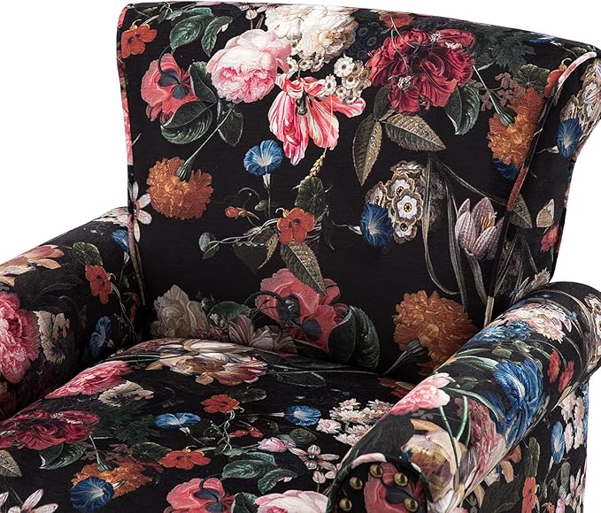 Wingback Accent Chair with Wood Legs Modern Comfy Upholstered Armchair with Removable Cushion and Nailhead Trim Floral Pattern Single Sofa Reading Chair for Living Room Bedroom