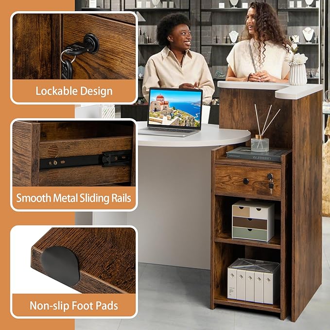 Reception Desk Small Retail Checkout Counter with Lockable Drawer and Open Shelves Wooden Front Desk Reception Counter Oval Desktop &amp L Counter for Store Office Lobby Salon (Brown)