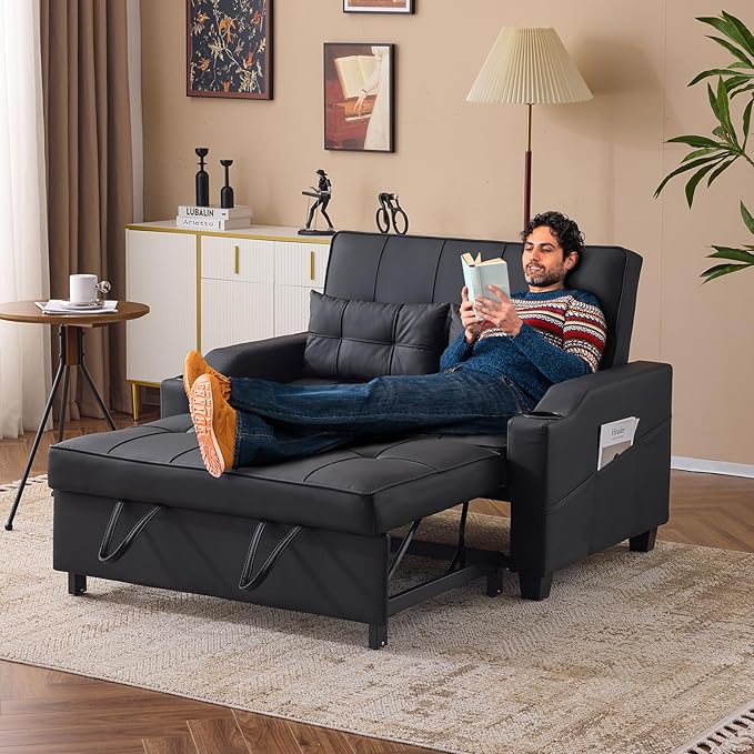 VINGLI Black Futon Sofa Bed Convertible Loveseat Sleeper Couch Faux Leather Pullout Sofa Fold Out Couch Bed with USB Ports Cup Holders Armrest for Living Room Bedroom Apartment Room