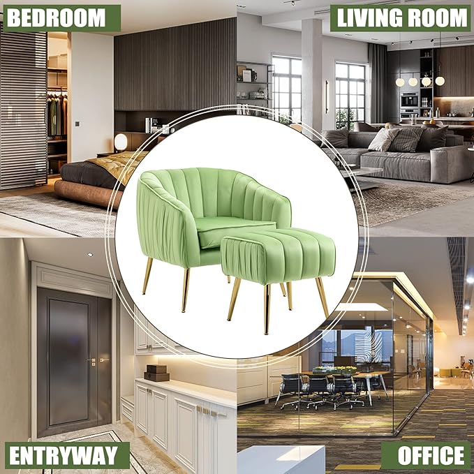 Velvet Accent Sofa Chair with Ottoman Comfy Living Room Chairs with Adjustable Legs Modern Upholstered Tufted Lounge Barrel Chair Ottoman Set for Bedroom Home Office (Grass Green)