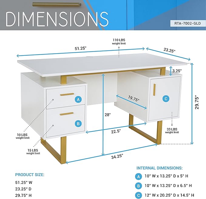 Techni Mobili Storage Drawers and Cabinet 51.25” W-Modern Office Large Floating Desktop Surface Desk 23.6 D x 51.2 W x 29.8 H White/Gold