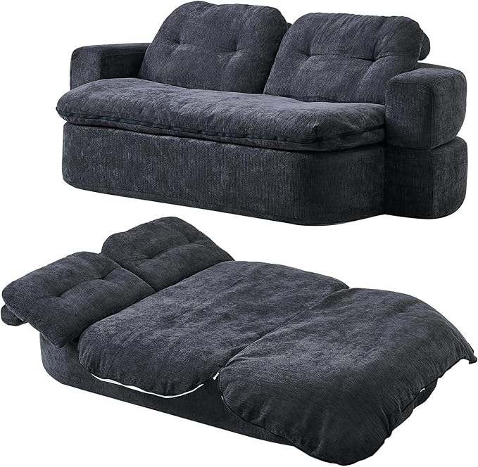 78.74 Convertible Sofa Bed Folding Loveseat Sleeper Sofa 2 in 1 Chenille Floor Couch Bed Foam Compressed Sofa with Pillows &amp Blanket for Living Room Apartment Studio Office (Grey)