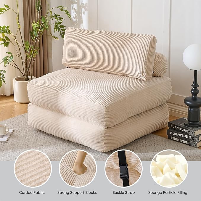 Waxberry Folding Sofa Couch Bed 36 Deep Oversized Seat Boneless Sofa Chair Corduroy Convertible Single Sleeper Chair Couch Bed for Living Room Portable Fold Out Chair Bed With Back Support (Beige)