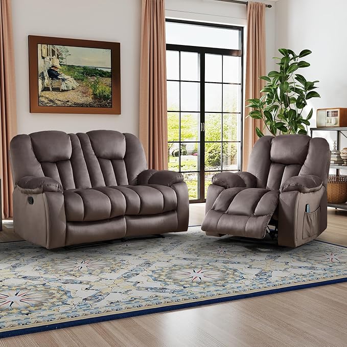 CANMOV Manual Recliner Sofa Set-Soft Fabric Reclining Living Room Sets Single Chair and Love Seating Massage Heated Recliner Couch with Cup HoldersSide Pocket for Adults Elderly Dark Brown