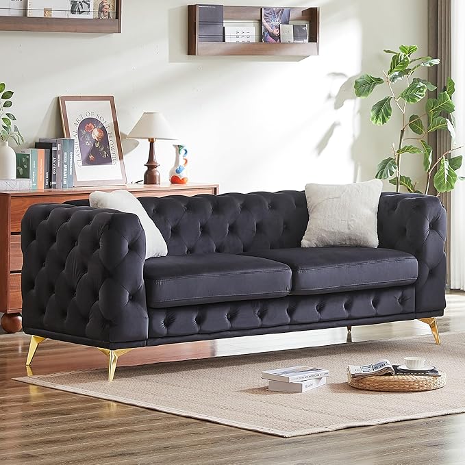 82.5'' Velvet Chesterfield Sofa Button Tufted Upholstered Sofa Couches with 2 Pillows Golden Metal Feets Removable Thick Cushions Comfy Chesterfield Couches for Living Room Apartment Black