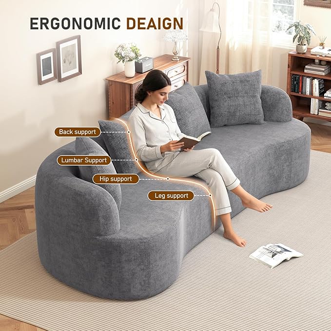 Furnimart 112 Curved Couches for Living Room Modern Chenille 4-Seater Sectional Sofa Deep Seat with 4 Throw Pillows Plush Modular Couch No Assembly Needed Dark Grey