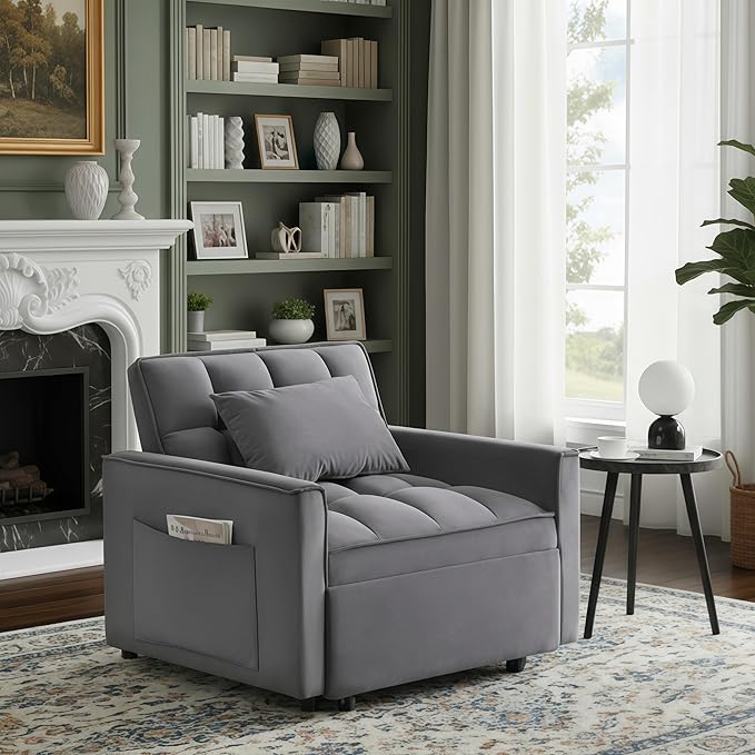 Convertible Sleeper Chair Pull Out Chair Sleeper with Adjustable Back &amp Pocket Chairs Bed Sleepers for Adults 3 in 1 Sofa Bed Chairs for Small Spaces Living RoomGray