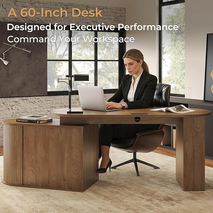 HSH L Shaped Computer Desk with Storage Cabinet Reversible Office L Desk with Keyboard Tray and Open Shelves Home Office Corner Executive Desk with Power Outlet Annual Ring Wood 60 Inch