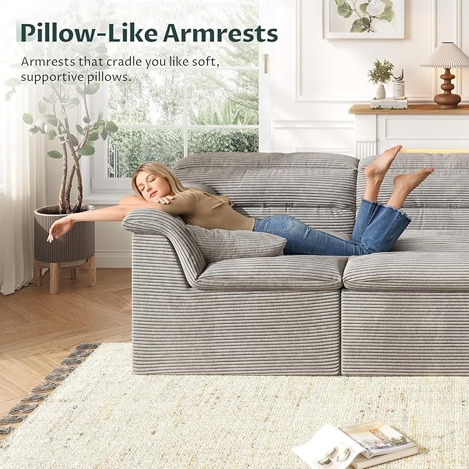 112 Modular Cloud Sectional Couch with Ottoman Modern Upholstered Compressed Sofa with Deep Seat Comfy L-Shape Corduroy Couches for Living Room No Assembly Required Light Gray