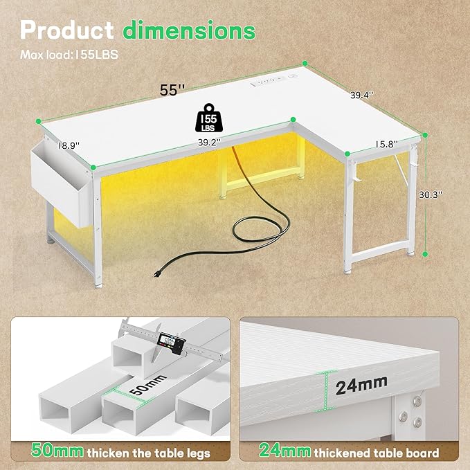 L Shaped Desk with 0.95 Inch Thicker Desktop &amp Storage Bag Computer Desk with Power Outlets &amp Lights Reversible Gaming Desk for Home Office Corner Desk Study Room Living Bedroom White