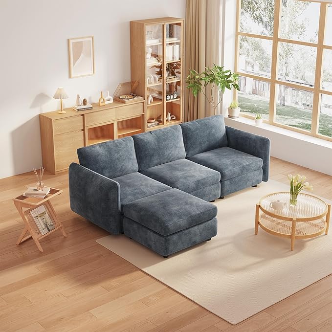 92.51 L Shaped Couch 4-Seater Modular Sectional Sofa with Chaise Comfy Cloud Couch with 1 Storage Ottoman Upholstered Sectional Sofa with Deep Seat for Living Room Apartments Blue