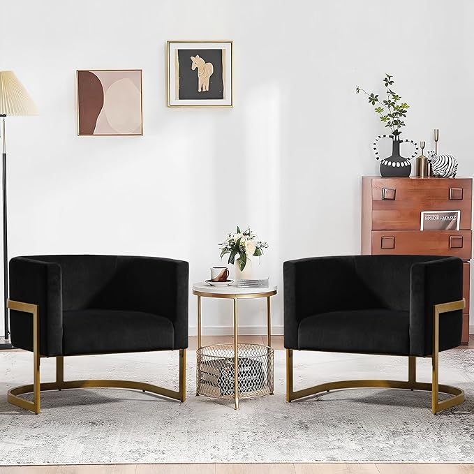 Modern Black Accent Chair Velvet Barrel Chair Padded Seat Upholstered Comfy Armchair for Reading/Living Room/Bedroom/Club Side Chairs with Luxury Gold Frame