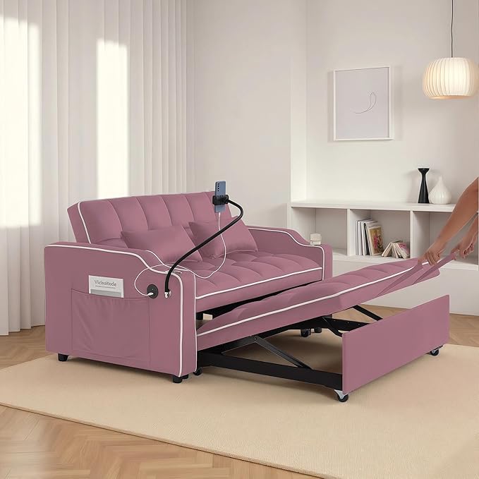 Loveseat Pull Out Couch 3 in 1 Convertible Sofa Bed Adjustable Backrest with Phone Holder Side Pocket &amp USB Port Modern Sofa for Living Room Bedroom Apartment (Pink)