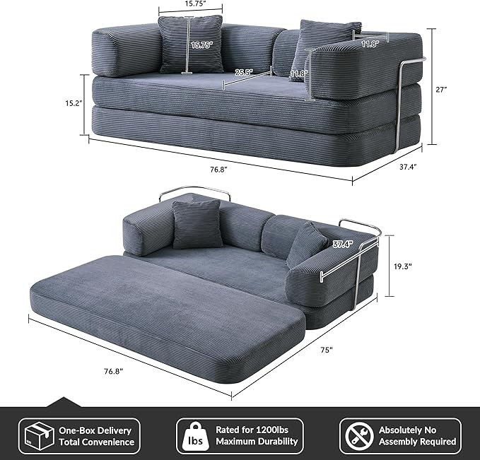 Modular Floor Sofa Bed for Small Apartments &amp Renters Stable Fixed-Shape Support Wide Guest Sleeper No Assembly Corduroy (Dark Gray) | 2-in-1 pillow quilts No assembly needed Medium-firm sup