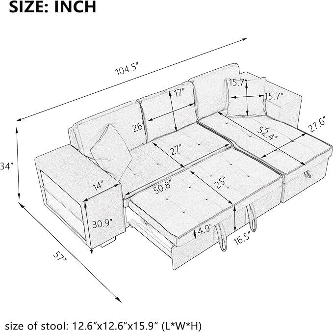 Flieks 104.5 inch Reversible Sectional Sofa with Storage Chaise2 Shelves2 Stools and 2 Tossing Cushions - 3 Seat Sleeper Contemporary Corner Sectional with Pull-Out Sleeper and Chaise
