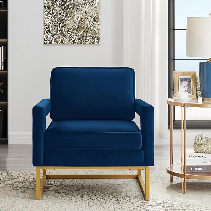 Accent Chair Modern Velvet Upholstered Leisure Chair Sofa Chair Style Accent Chair with Gold Metal Base for Living Room/Bedroom/Study/Home Office (Navy)