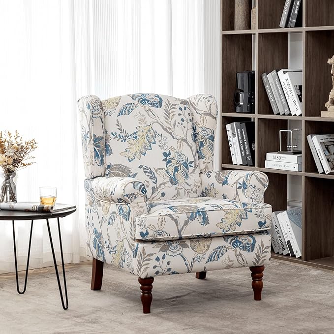 MELLCOM Floral Accent Chair High Back Upholstered Armchair with Solid Legs Leisure Single Sofa Chair for Living Room Bedroom Home Office Blue Floral