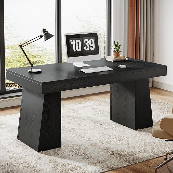 Tribesigns 55 Inches Executive Desk Mid-Century Modern Home Office Desk Wood Computer Desk Business Workstation Desk Small Conference Table Black