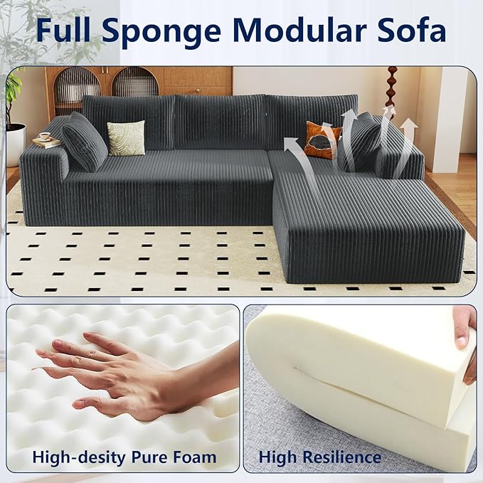 96 Modular Sectional Sofa Modern Corduroy Cloud Couch with Deep Seat Boneless Couch Upholstered 3-Seater L-Shaped Sofa for Living Room No Assembly Required (Dark Grey Right-Facing Chaise)