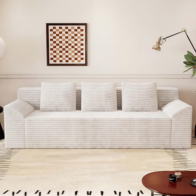 71 Small Boneless Couch Corduroy 3 Seater Couch for Living Room with 3 Pillows &amp Armrests Deep Seat Sofa for Small Spaces Apartment﻿ (White) | Small Boneless Couch