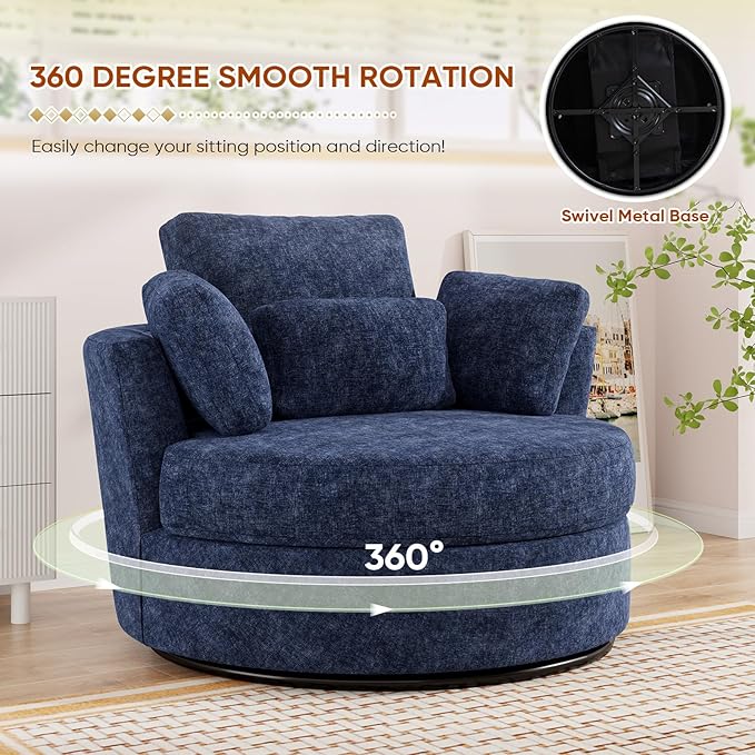 Oversized Swivel Accent Barrel Chair Set of 2 Chenille Upholstered Comfy Round Swivel Chair with Pillows 360 Degree Modern Lounge Reading Sofa Armchair for Nursery Living Room Bedroom(Navy Blue)