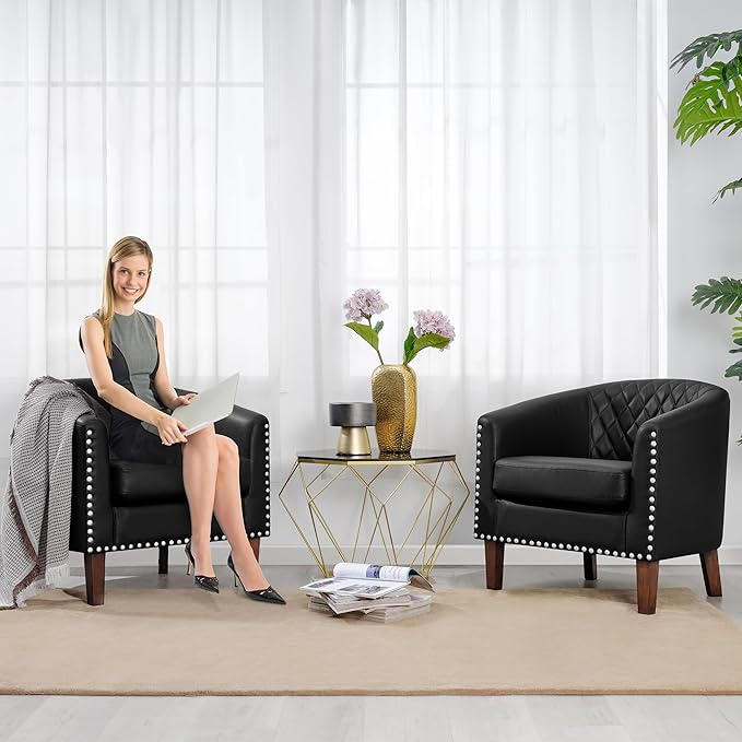 PrimeZone Barrel Chair Set of 2 Comfy Accent Chair Faux Leather Living Room Chairs Club Chair with Cushion Nailhead Trim and Diamond Grid Backrest Reading Chair for Bedroom Waiting Room Black