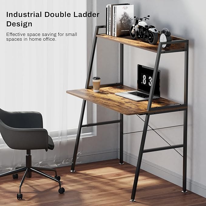 EUREKA ERGONOMIC43 Inch 2-Tier Home Office Students Study Writing PC Gaming Table with Bookshelf Small Computer Ladder Desk with Storage ShelvesModern Workstation for Space Saving Rustic Brown