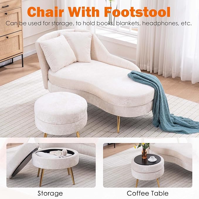 Chaise Lounge Chair Indoor Chenille Upholstered Chair with Left Armrest &amp Pillow Modern Lounge Chairs Sofa with Footstool for Living Room Bedroom Office (Beige)