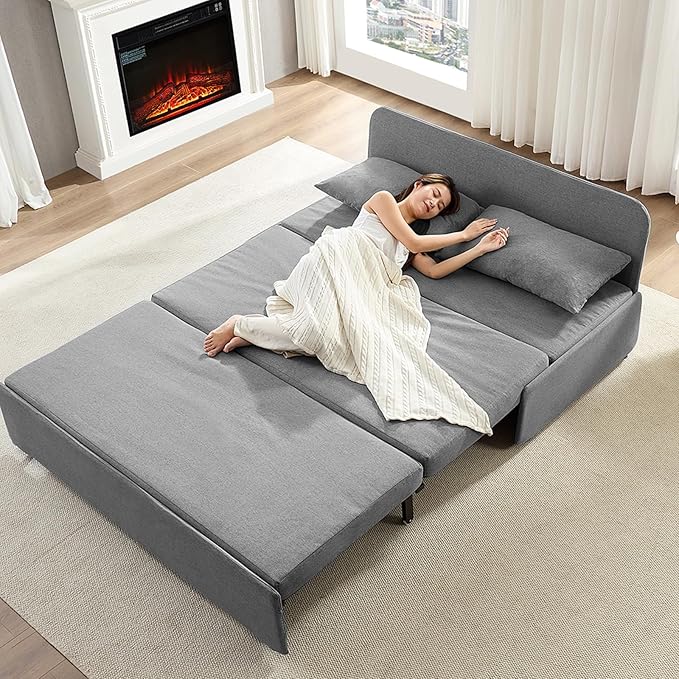 PUREMIND Queen Size Pull Out Sleeper Sofa Bed Linen Convertible Sofa Bed with Foldable Mattress Loveseat Couch Pull Out Bed with 2 Cushions for Small Place Apartment Office Light Grey