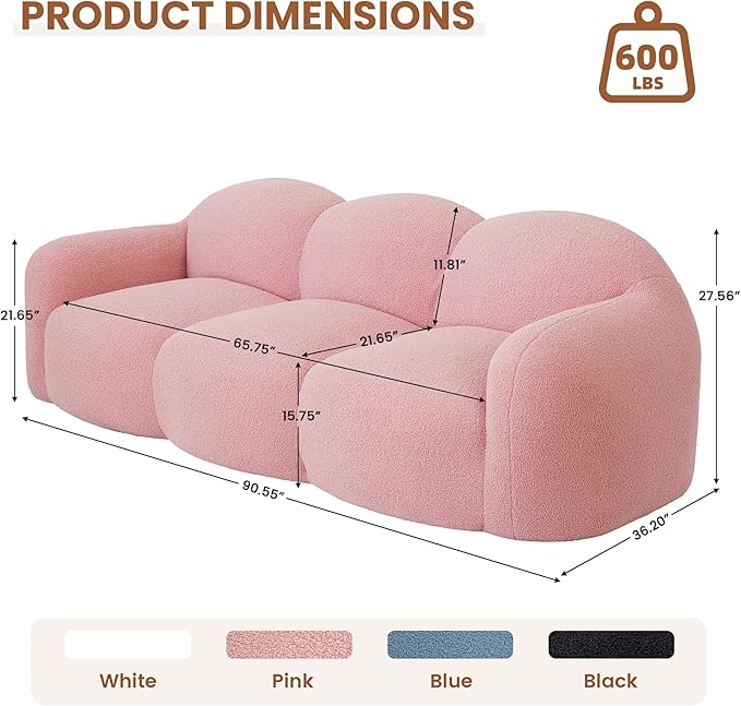 90.55 Inches 3-Seater Sofa Couch Modern Teddy Plush Boneless Sofa in a Box Soft Couches for Living Room Apartment No Assembly for Small Spaces Pink