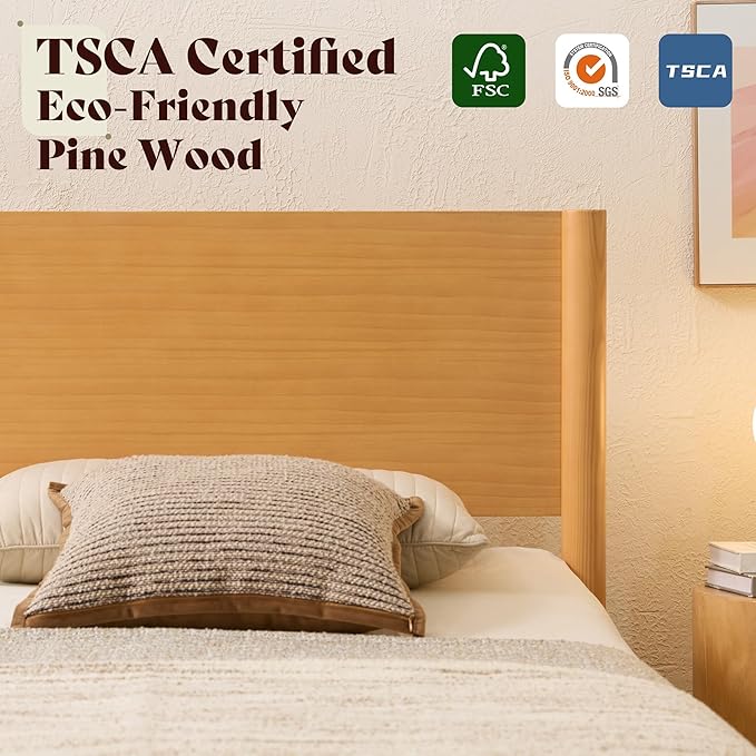 AMERLIFE Solid Wood King Size Bed Frame Mid Century Modern Platform Bed with Full Panel Headboard Noise-Free &amp Cylindrical Legs No Box Spring Needed Under-Bed Storage Natural Wood