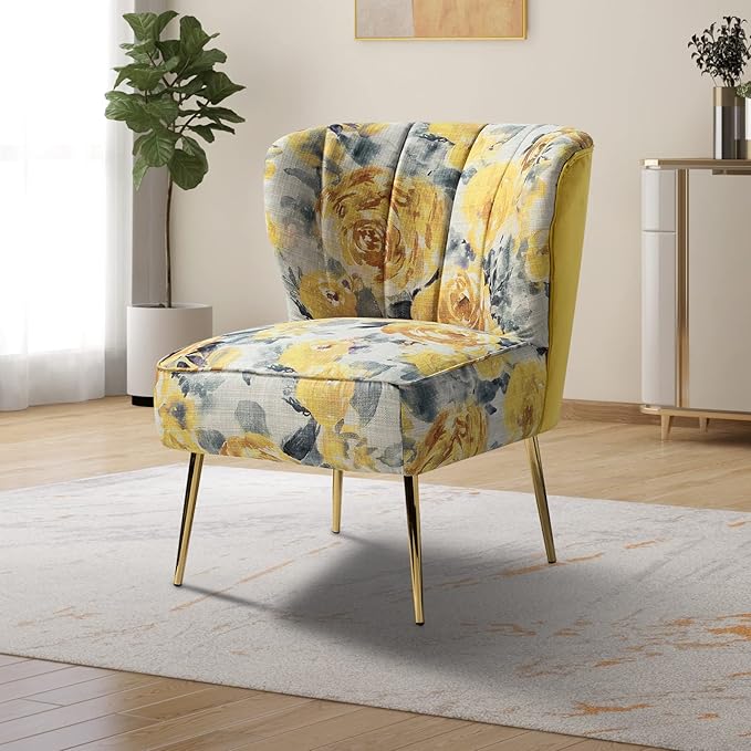 Tina's Home Accent Chair with Golden Legs Comfy Tufted Wingback Living Room Chair Floral Fabric Small Armless Side Chair Upholstered Slipper Chair for Bedroom Reading Room (Flower Print Yellow)