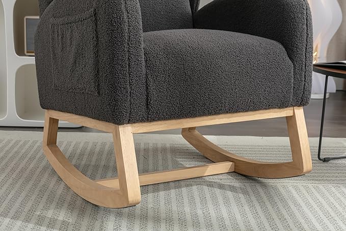 Teddy Rocking Chair Dark Gray Fabric Armchair with Wooden Legs for Living Room Bedroom