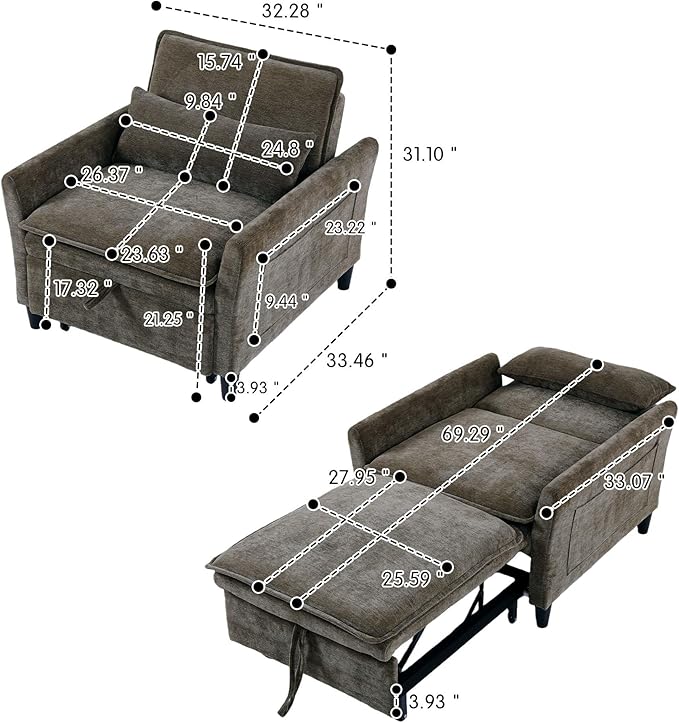 Sleeper Chair Pull Out BedChenille 3 in 1 Convertible Sleeper Couches Single Sofa Chair with Adjustable Backrest for Living Room Bedroom Small Spaces (Olive Green)