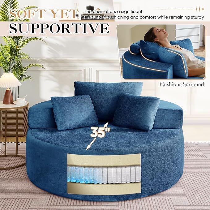 Modern Round Accent Sofa Chair for Living Room Upholstered Soft Terrycloth Barrel Lounge Arm Chair with Large seat&ampThrow Pillows for Bedroom Office Apartment Blue
