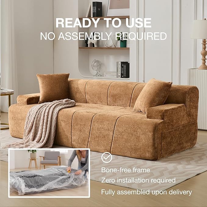 82.7 Modern Velvet Boneless Couch Ultra Comfy 3-Seater Sofa for Living Room Bedroom Home Office No Assembly Required (Brown)