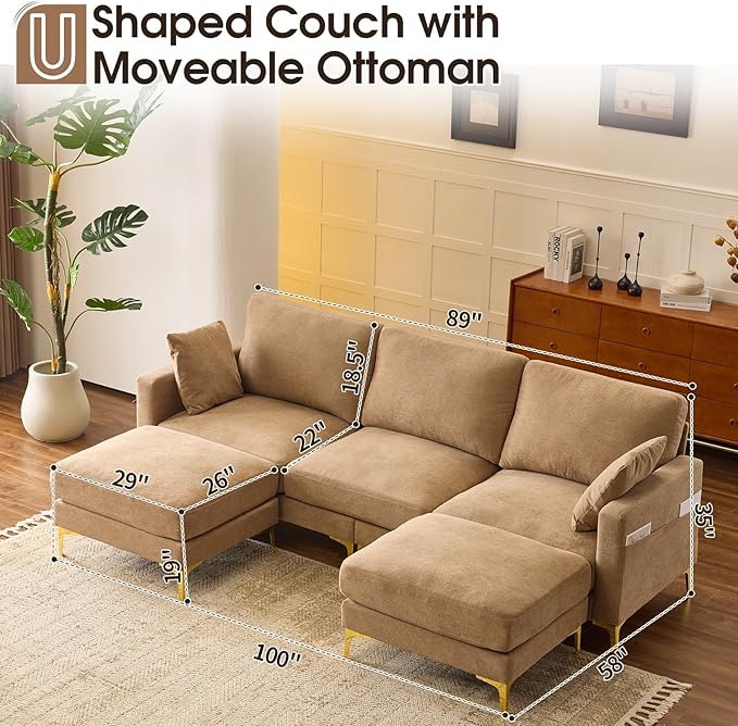 VINGLI 100 W U Shaped Couch with Ottoman 22 Deep Seat Comfortable Sectional Couches for Living Room 3 Seater Chenille Fabric Cloud Sofa for Apartment Small Spaces Bedroom Khaki