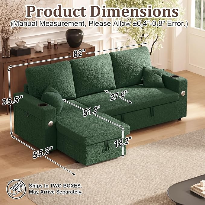Sleeper Sofa Bed 4-in-1 Pull Out Couch with Reversible Chaise | Dual USB &amp Type-C Charging | Dual Cup Holders | Layered Storage (Armrest + Chaise) for Living Room (Classic Green)