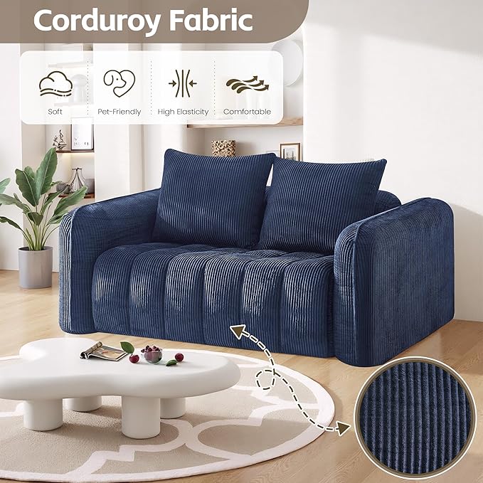 66 Loveseat Sofa Cloud Boneless Couch for Living Room Upholstered Compressed Sofa Deep Seat Corduroy Sofa with 2 Pillows &amp Armrests for Small Spaces for Bedroom Apartment Office Blue