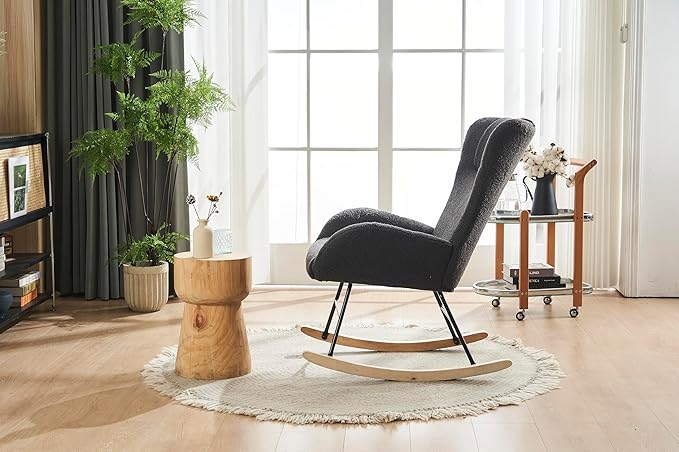 Rocking Chair Nursery Solid Wood Legs Reading Chair with Teddy Fabric Upholstered Nap Armchair for Living Rooms Bedrooms Offices Best GiftGrey Teddy Fabric