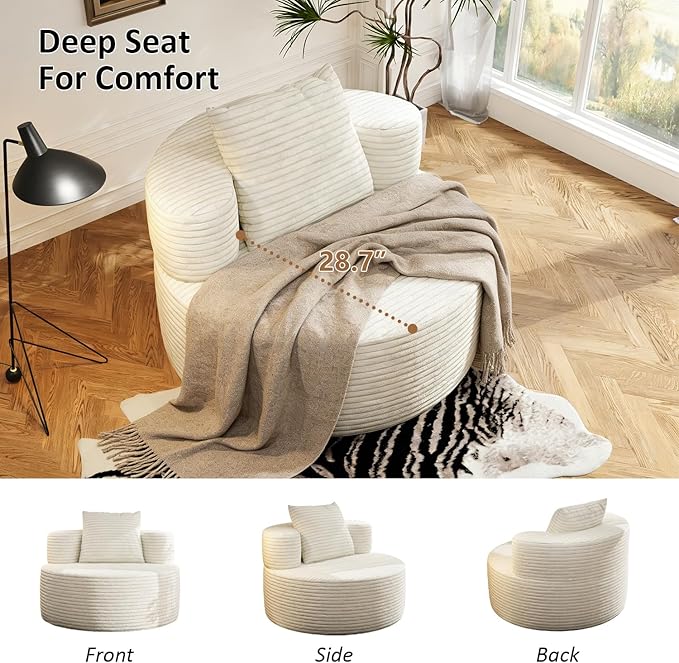 37.4 Boneless Round Chair Oversized Chaise Lounge Cloud Chair Indoor Upholstered Corduroy Deep Seat Sofa Accent Chair No Assembly Required for Living Room Bedroom Apartment