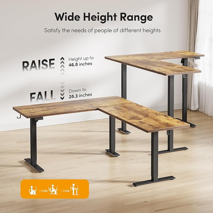 CubiCubi L Shaped Standing Desk 75 x 63 Inch Adjustable Height Electric Corner Desk Sit Stand Home Office Desk with Splice Board Rustic Brown（2 Packages