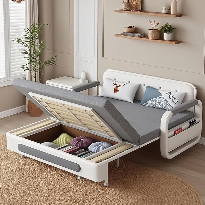 Pull-Out Sofa Daybed with Trundle Versatile Futon Couch with Sleeping Function and Storage Space Sofa Bed for Small Rooms and Living Rooms Dark Grey and White (50.3)