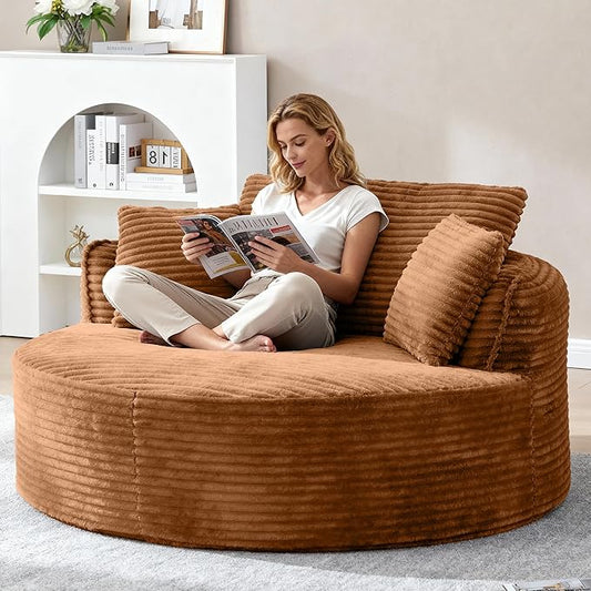 Oversized Round Chair Lounge Chaise Indoor 53.5 Corduroy Boneless Round Chair Fluffy Single Deep Seat Cloud Sofa Chairs Modern Circle Chaise Lounge for Bedroom Living Room Orange