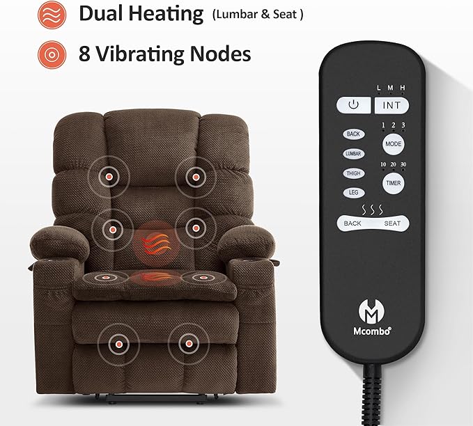 MCombo Small Triple Motor Power Lift Recliner Chair with Massage and Dual Heating Adjustable Headrest for Petite Elderly People Fabric 7631 (Coffee Small)