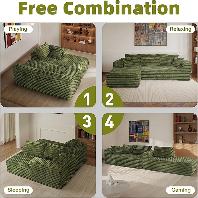 103 L Shaped Sectional Boneless Couch for Living Room Modern Modular Cloud Sofa with Left Facing Chaise Comfy Deep Seat Memory Foam Couch in Box No Assembly (5CM Wide Striped Corduroy Green)
