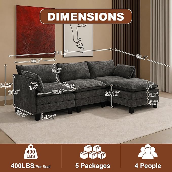 111” Modular Sectional Sofa L Shaped Cloud Couch with Ottoman Chenille Deep Seat Sofa with Pillow for Living Room Bedroom and Apartment4 Seats Grey